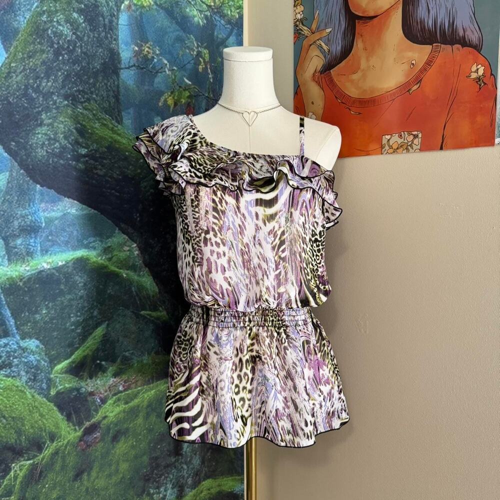 iz byer purple animal print one shoulder ruffle romper small